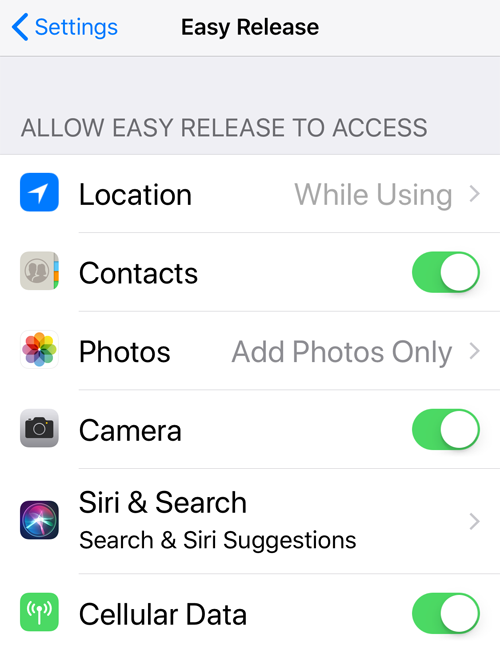 iOS Easy Release Settings Screenshot